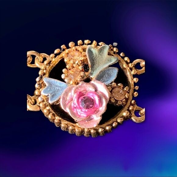 Vintage rose floral enamel open work crystal bracelet Banana Bob sample 8” + - Picture 8 of 11